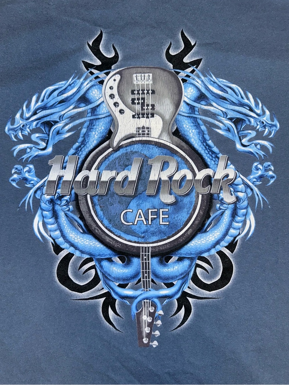 Hard Rock Cafe Blue Graphic Tee with Guitar & Dragon Motif